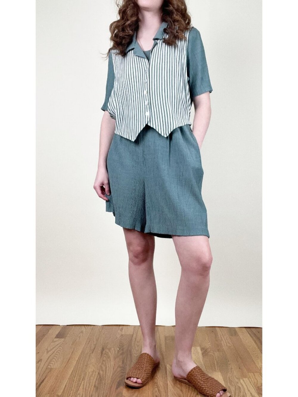 Vintage Short Sleeve Romper with Attached Striped Vest